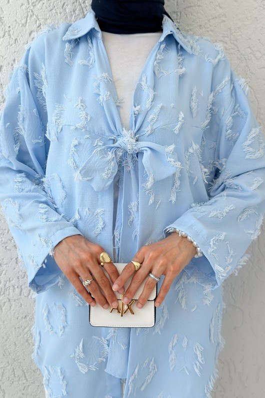 Püskül Detaylı Uzun Kimono 2334 - BEBE MAVİSİ