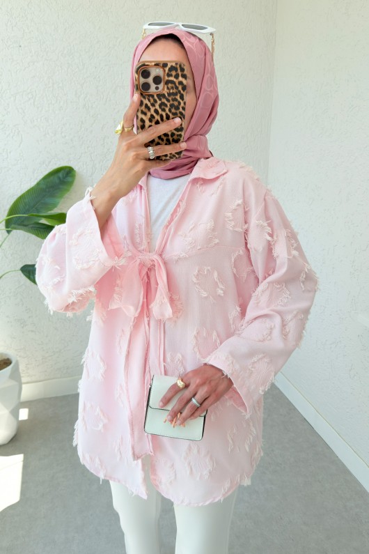 Püskül Detaylı Uzun Kimono 2334 - PEMBE