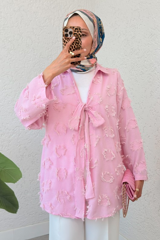 Püskül Detaylı Uzun Kimono 2334 - KOYU PEMBE