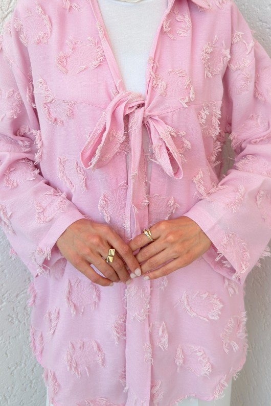 Püskül Detaylı Uzun Kimono 2334 - KOYU PEMBE