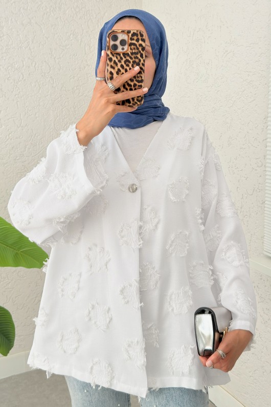 Tek Düğmeli Kimono 2335 - BEYAZ