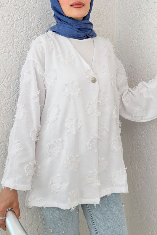 Tek Düğmeli Kimono 2335 - BEYAZ