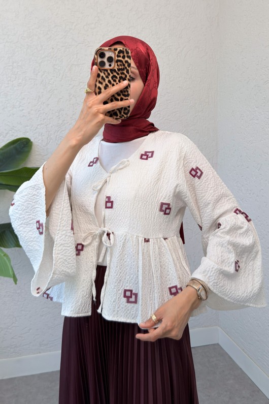 Kare Desen Midi Kimono 2336 - BORDO