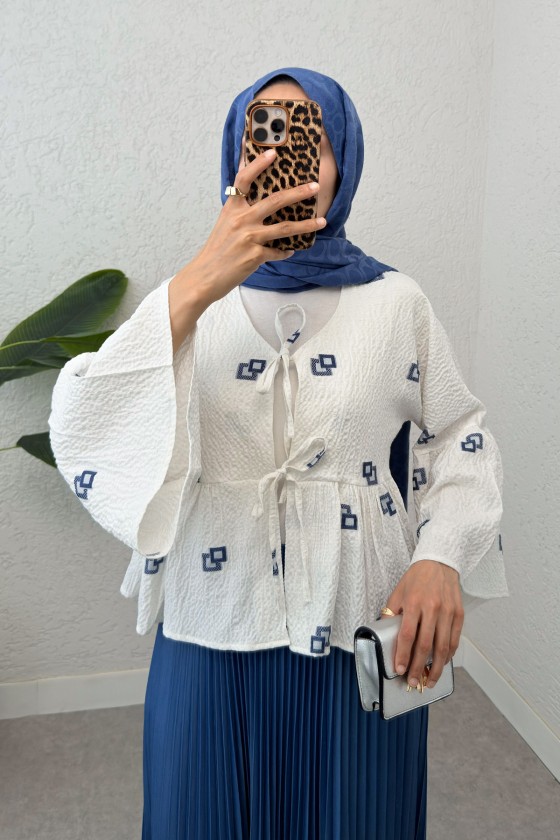 Kare Desen Midi Kimono 2336 - İNDİGO