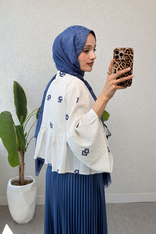 Kare Desen Midi Kimono 2336 - İNDİGO