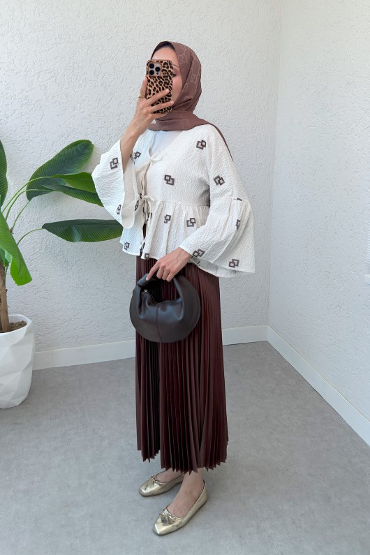 Kare Desen Midi Kimono 2336 - KAHVERENGİ