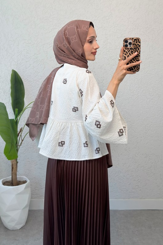 Kare Desen Midi Kimono 2336 - KAHVERENGİ