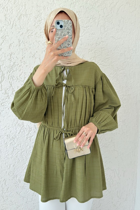 Ön Büzgülü Uzun Tunik 2338 - YAĞ YEŞİLİ