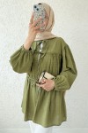 Ön Büzgülü Uzun Tunik 2338 - YAĞ YEŞİLİ