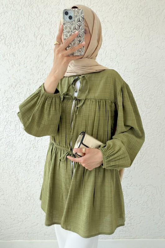 Ön Büzgülü Uzun Tunik 2338 - YAĞ YEŞİLİ