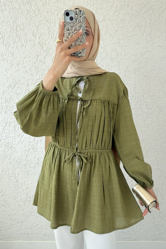 Ön Büzgülü Uzun Tunik 2338 - YAĞ YEŞİLİ