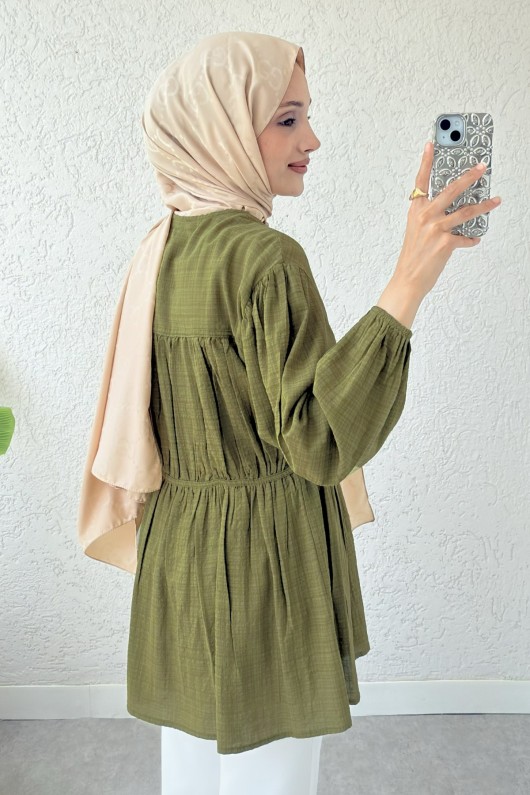 Ön Büzgülü Uzun Tunik 2338 - YAĞ YEŞİLİ
