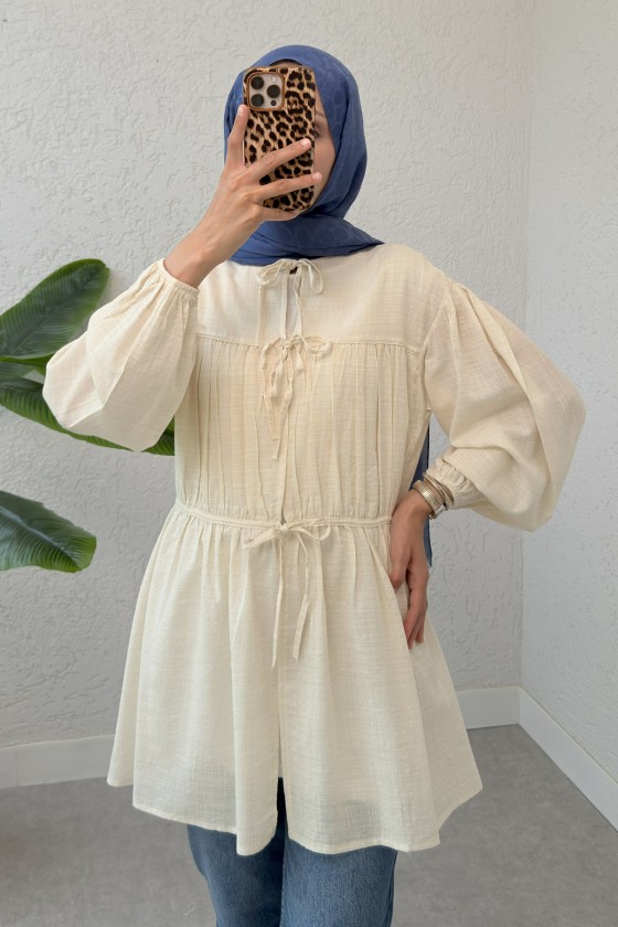 Ön Büzgülü Uzun Tunik 2338 - BEJ