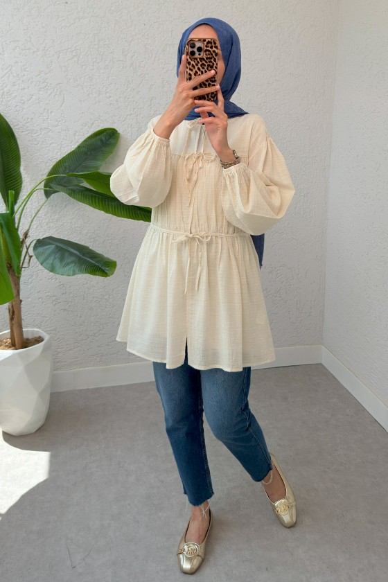 Ön Büzgülü Uzun Tunik 2338 - BEJ