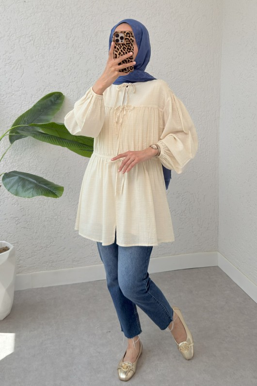 Ön Büzgülü Uzun Tunik 2338 - BEJ