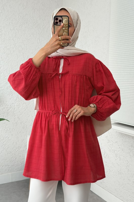 Ön Büzgülü Uzun Tunik 2338 - KIRMIZI