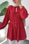 Ön Büzgülü Uzun Tunik 2338 - KIRMIZI