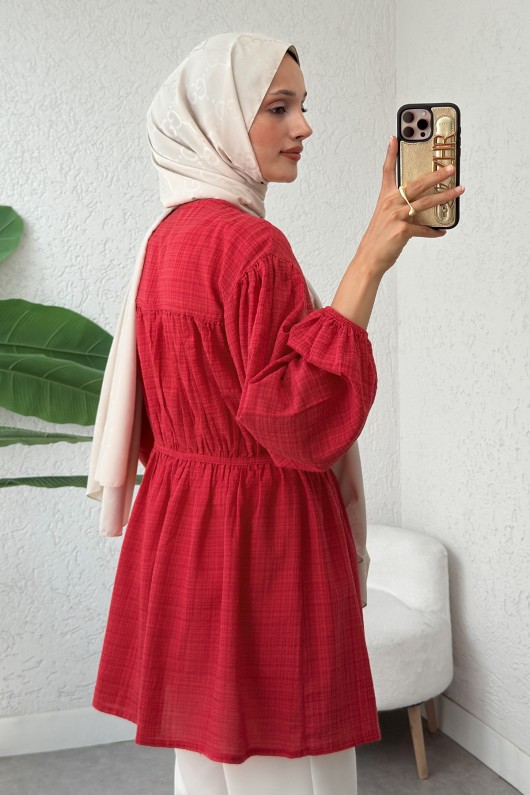 Ön Büzgülü Uzun Tunik 2338 - KIRMIZI