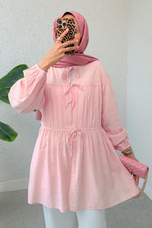 Ön Büzgülü Uzun Tunik 2338 - PEMBE