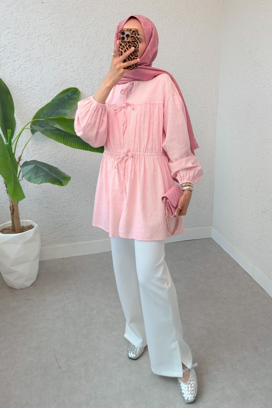 Ön Büzgülü Uzun Tunik 2338 - PEMBE