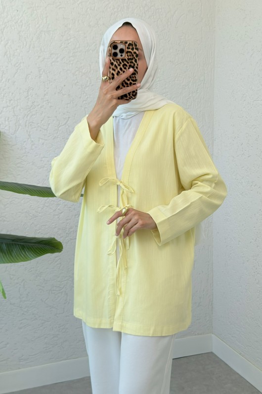 Üç Bağcıklı Tesettür Kimono 2339 - SARI