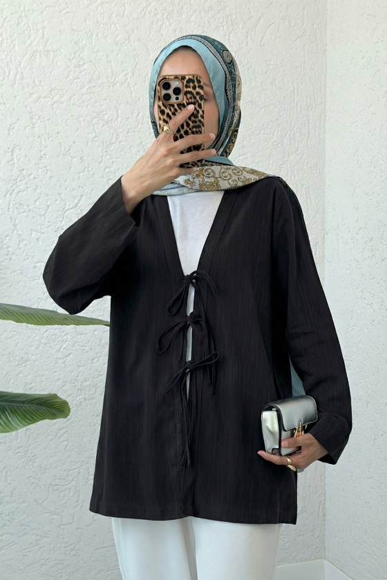 Üç Bağcıklı Tesettür Kimono 2339 - SİYAH