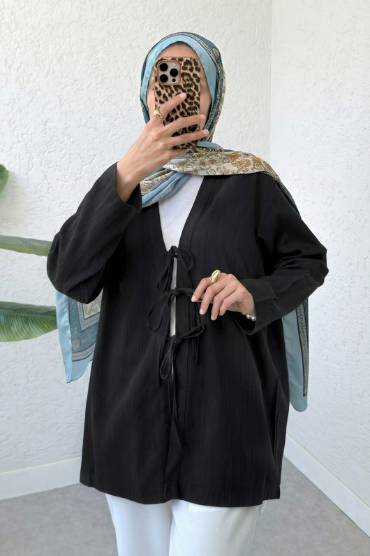 Üç Bağcıklı Tesettür Kimono 2339 - SİYAH