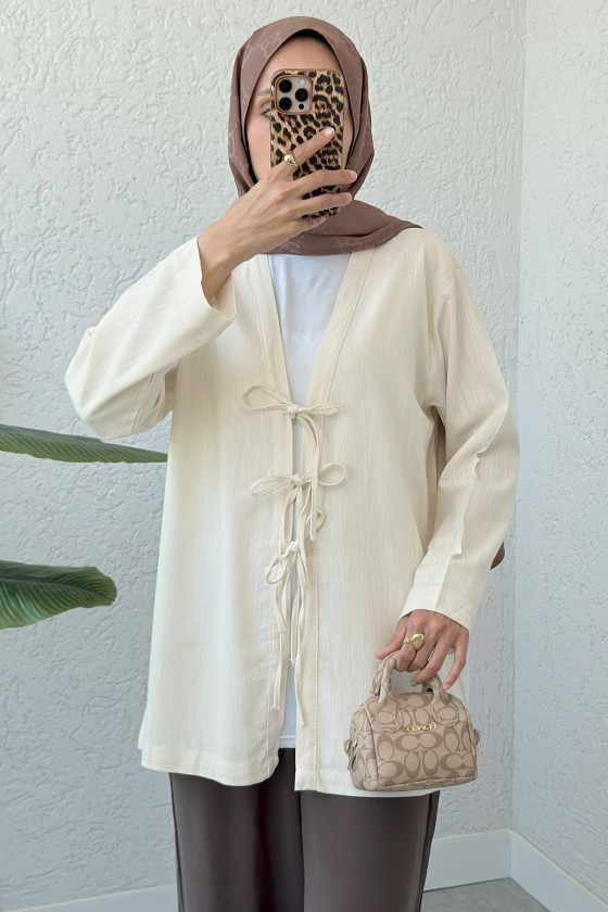 Üç Bağcıklı Tesettür Kimono 2339 - BEJ