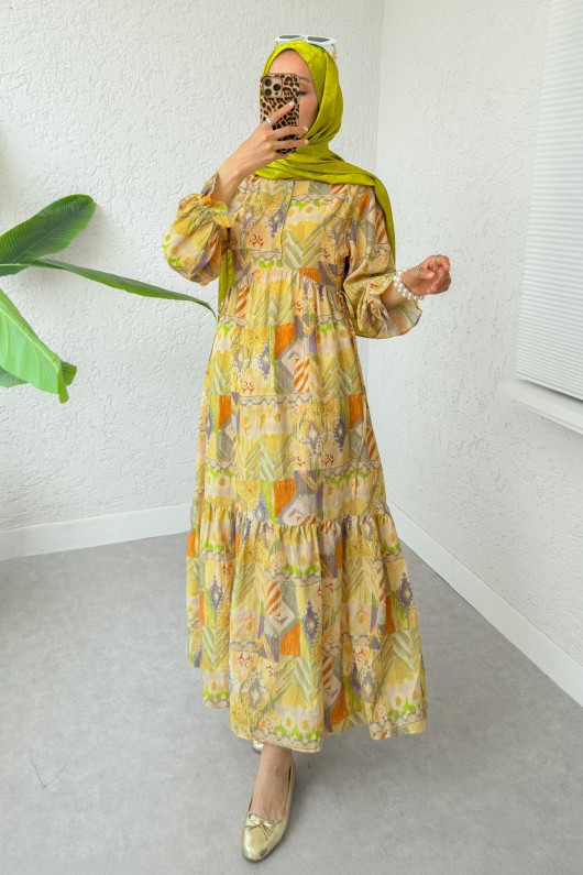 Etnik Desen Tesettür Elbise 2341 - YAĞ YEŞİLİ Etnik Desen Tesettür Elbise 2341 - YAĞ YEŞİLİ