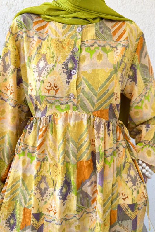 Etnik Desen Tesettür Elbise 2341 - YAĞ YEŞİLİ Etnik Desen Tesettür Elbise 2341 - YAĞ YEŞİLİ