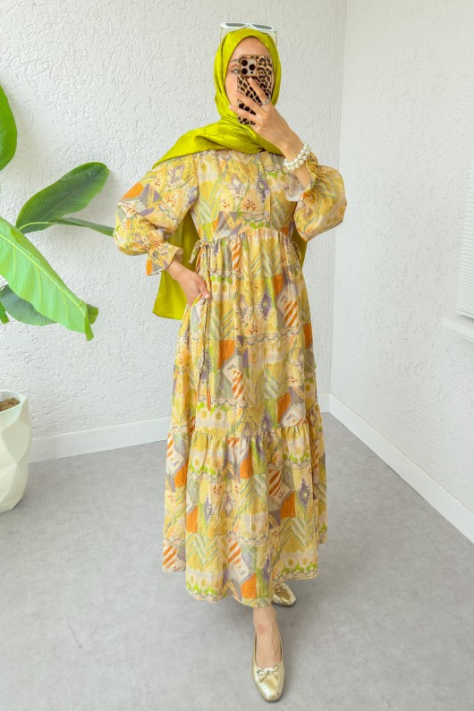 Etnik Desen Tesettür Elbise 2341 - YAĞ YEŞİLİ Etnik Desen Tesettür Elbise 2341 - YAĞ YEŞİLİ