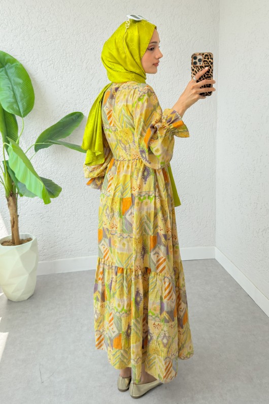 Etnik Desen Tesettür Elbise 2341 - YAĞ YEŞİLİ Etnik Desen Tesettür Elbise 2341 - YAĞ YEŞİLİ