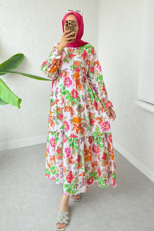 Şakayık Desen Tesettür Elbise 2341 - YEŞİL