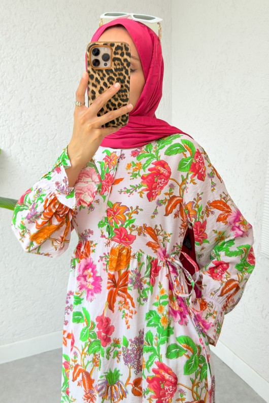 Şakayık Desen Tesettür Elbise 2341 - YEŞİL