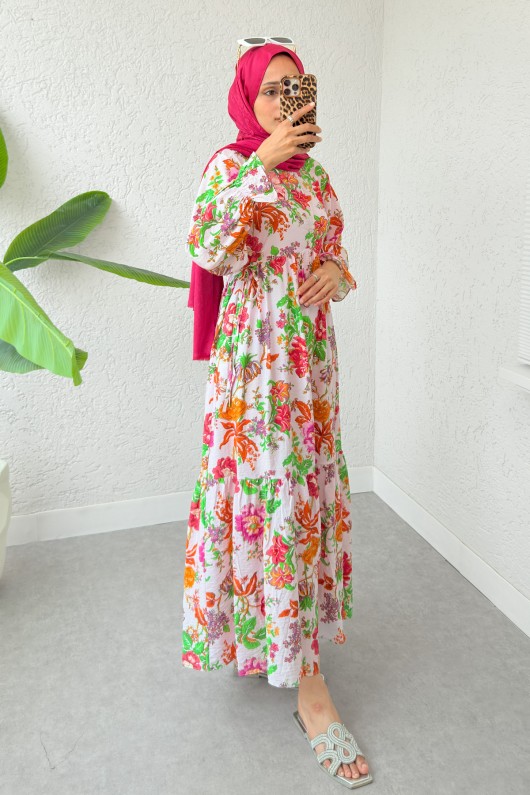 Şakayık Desen Tesettür Elbise 2341 - YEŞİL