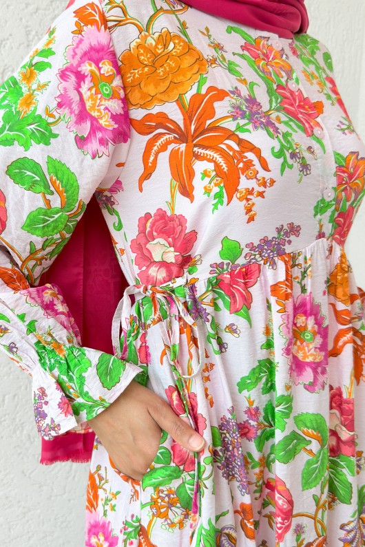 Şakayık Desen Tesettür Elbise 2341 - YEŞİL