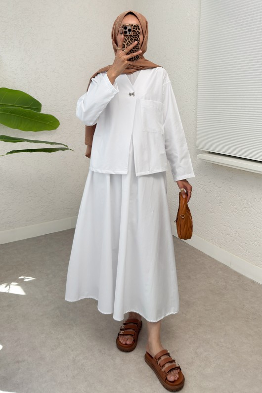 Broş Düğmeli Etekli Takım 2342 - BEYAZ