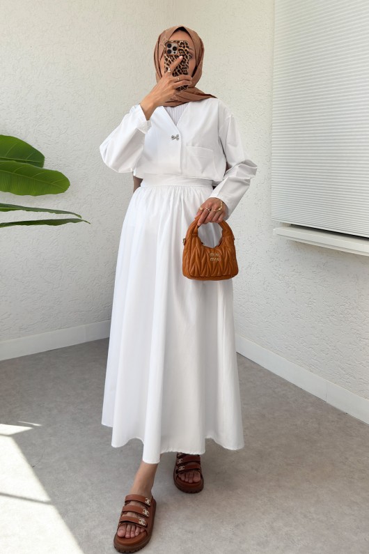 Broş Düğmeli Etekli Takım 2342 - BEYAZ