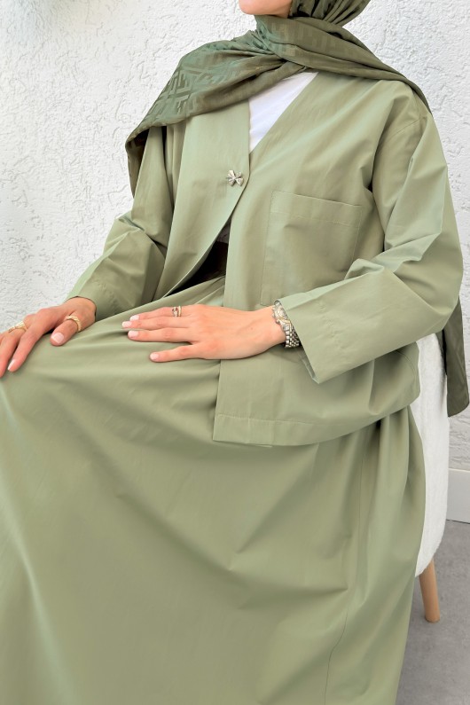 Broş Düğmeli Etekli Takım 2342 - HAKİ Broş Düğmeli Etekli Takım 2342 - HAKİ