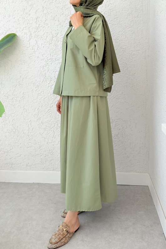 Broş Düğmeli Etekli Takım 2342 - HAKİ Broş Düğmeli Etekli Takım 2342 - HAKİ