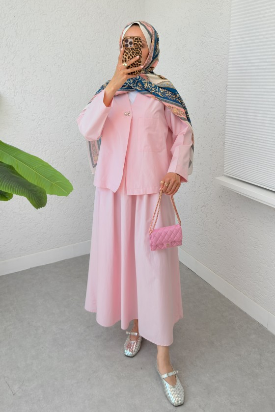 Broş Düğmeli Etekli Takım 2342 - PEMBE