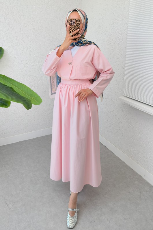 Broş Düğmeli Etekli Takım 2342 - PEMBE