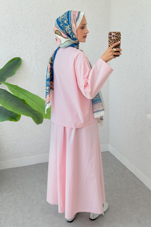 Broş Düğmeli Etekli Takım 2342 - PEMBE