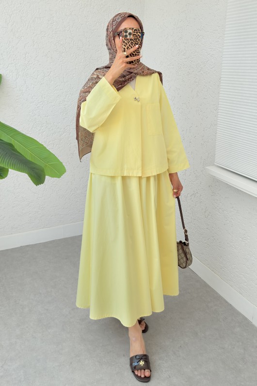 Broş Düğmeli Etekli Takım 2342 - SARI