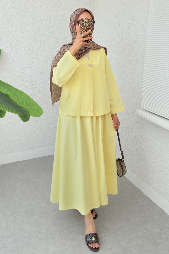 Broş Düğmeli Etekli Takım 2342 - SARI