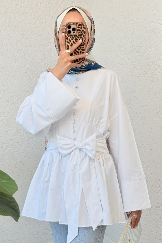 Kuşaklı Kimono Kol Tunik 2343 - BEYAZ