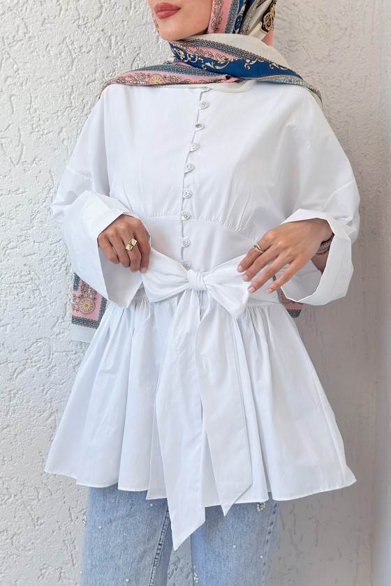 Kuşaklı Kimono Kol Tunik 2343 - BEYAZ