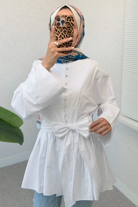 Kuşaklı Kimono Kol Tunik 2343 - BEYAZ