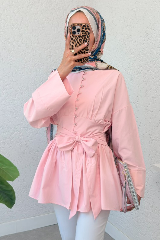 Kuşaklı Kimono Kol Tunik 2343 - PEMBE