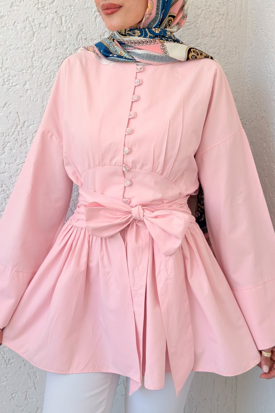 Kuşaklı Kimono Kol Tunik 2343 - PEMBE